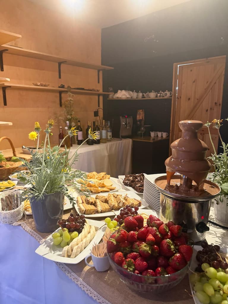 Fontanna czekoladowa i owoce na bufecie podczas zielonej szkoły Górskiej Akademii
