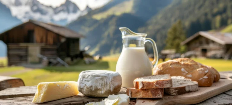 Mleko, sery i pieczywo na tle górskiego krajobrazu jako nawiązanie do tradycji serowarskich Podhala